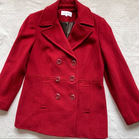 Calvin Klein Berry Red Wool Double Breasted Peacoat size 6 - Picture 11 of 12